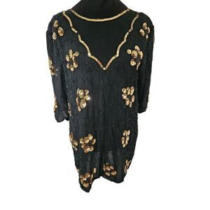 Vintage Black Gold Sequin Beaded Silk Lined Top Floral India Size 1X